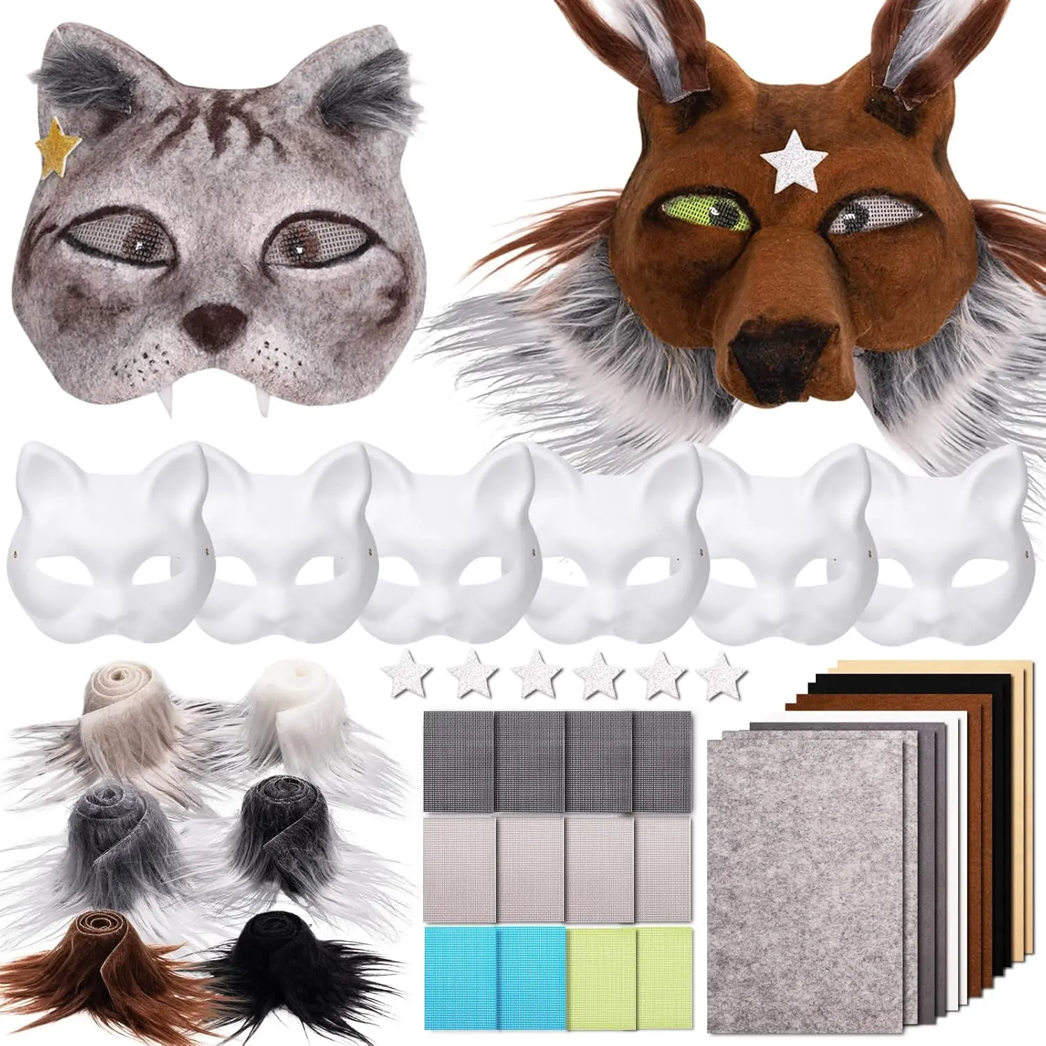 Therian Masks 42PCS with Felt Furs Eye Meshes and Stars, Costume Furry Masks to Paint, Animal Mask Arts Crafts Kit, Dress Up DIY for Halloween Christmas Cosplay Party Interaction