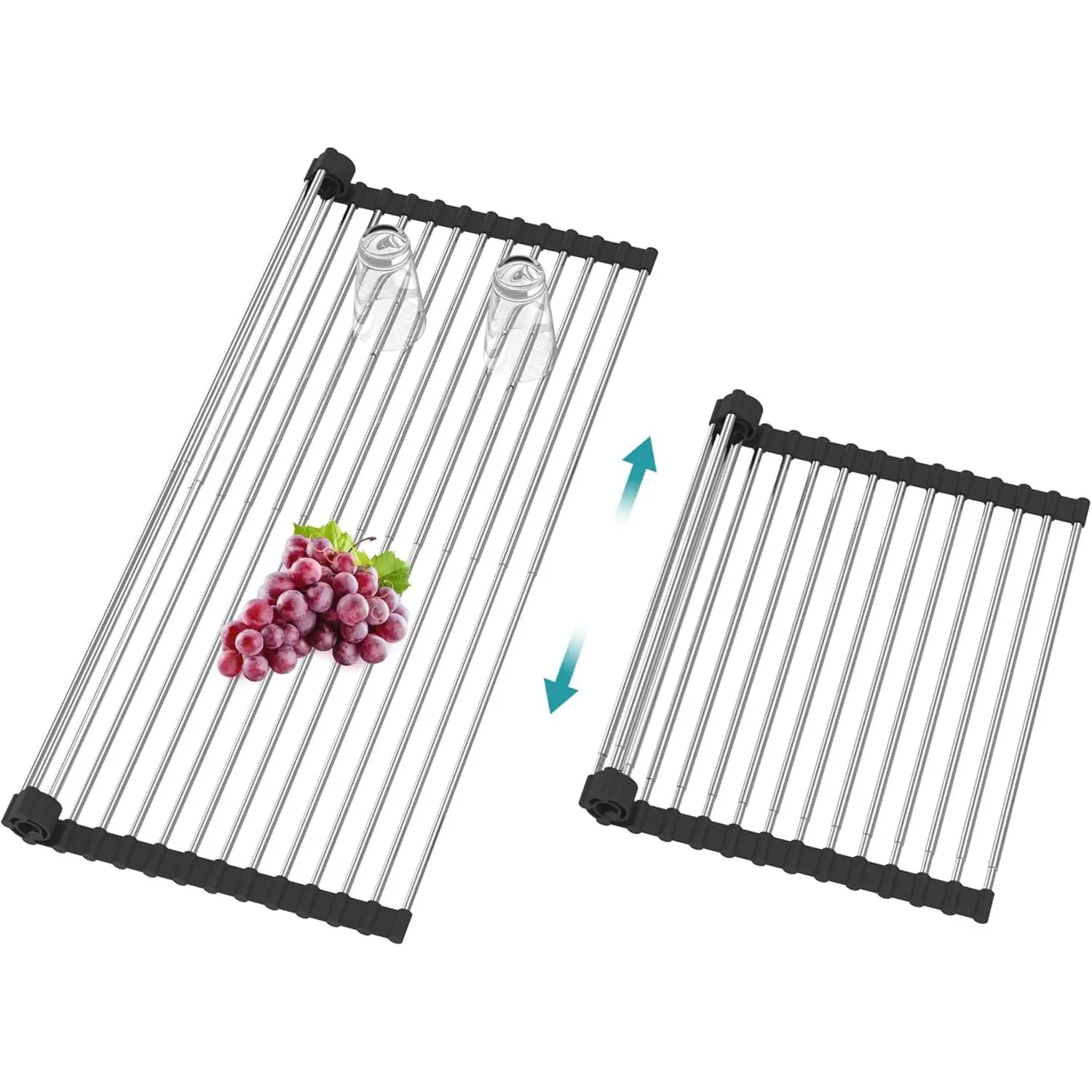 Extra Large Expandable Roll Up Dish Drying Rack,Over The Sink Drying Rack Sink Cover Kitchen Sink Accessories Kitchen Rolling up Stainless Steel Drainer, Foldable,Rollable（Black，25.1''-12.4''）