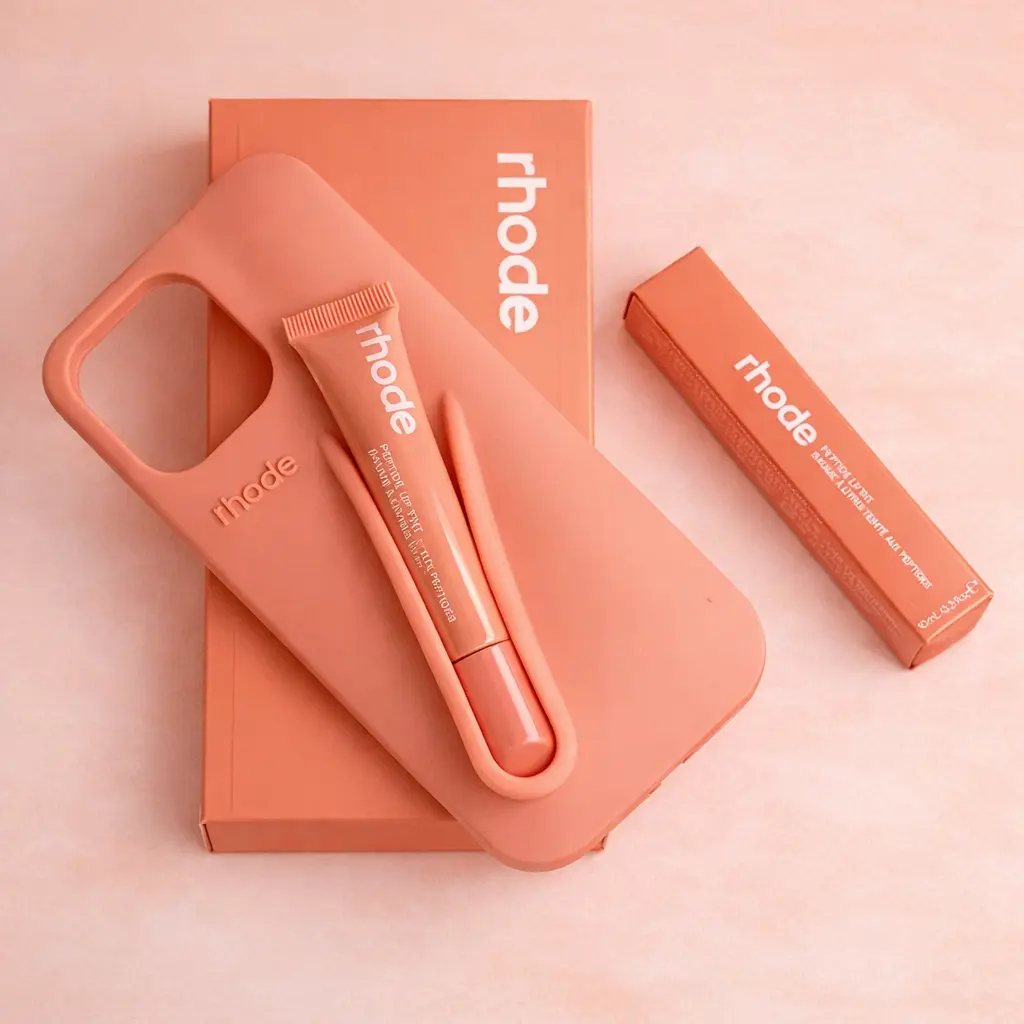 Rhode Lip Gloss Holder & Lipstick Set iPhone Case, Soft Silicone Protective Cover for iPhone 15, 14, 13, 12