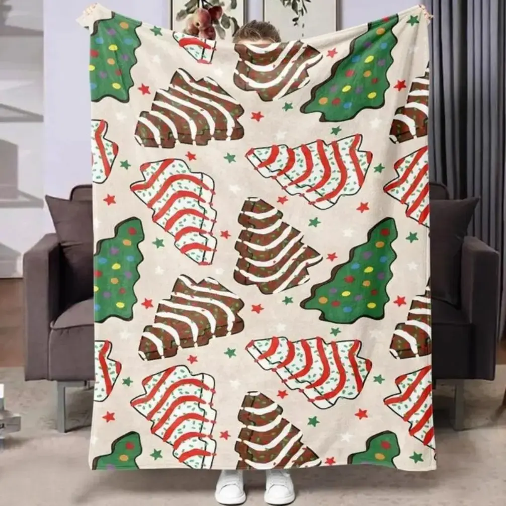 Christmas Tree Cake Anti-Pilling Flannel Blanket - 60*80in Super Soft Flannel Soothes Bare Skin, Warm Throw, Wrinkle Resistant, Fade Resistant, Cartoon Festive Cookie Print, Ideal for Christmas Gifts, Home Decor