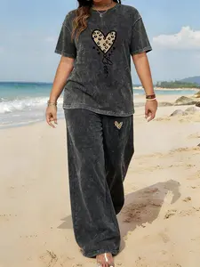 Spring and Summer Sports Plus Size Two-piece Set with photo print, Tie-dye Washed Vintage Short Sleeve T-shirt and Wide-leg Pants, Plus Size Women's Jogging Outfit, Casual Sportswear, Workout Sets, Athleisure Summer Clothes