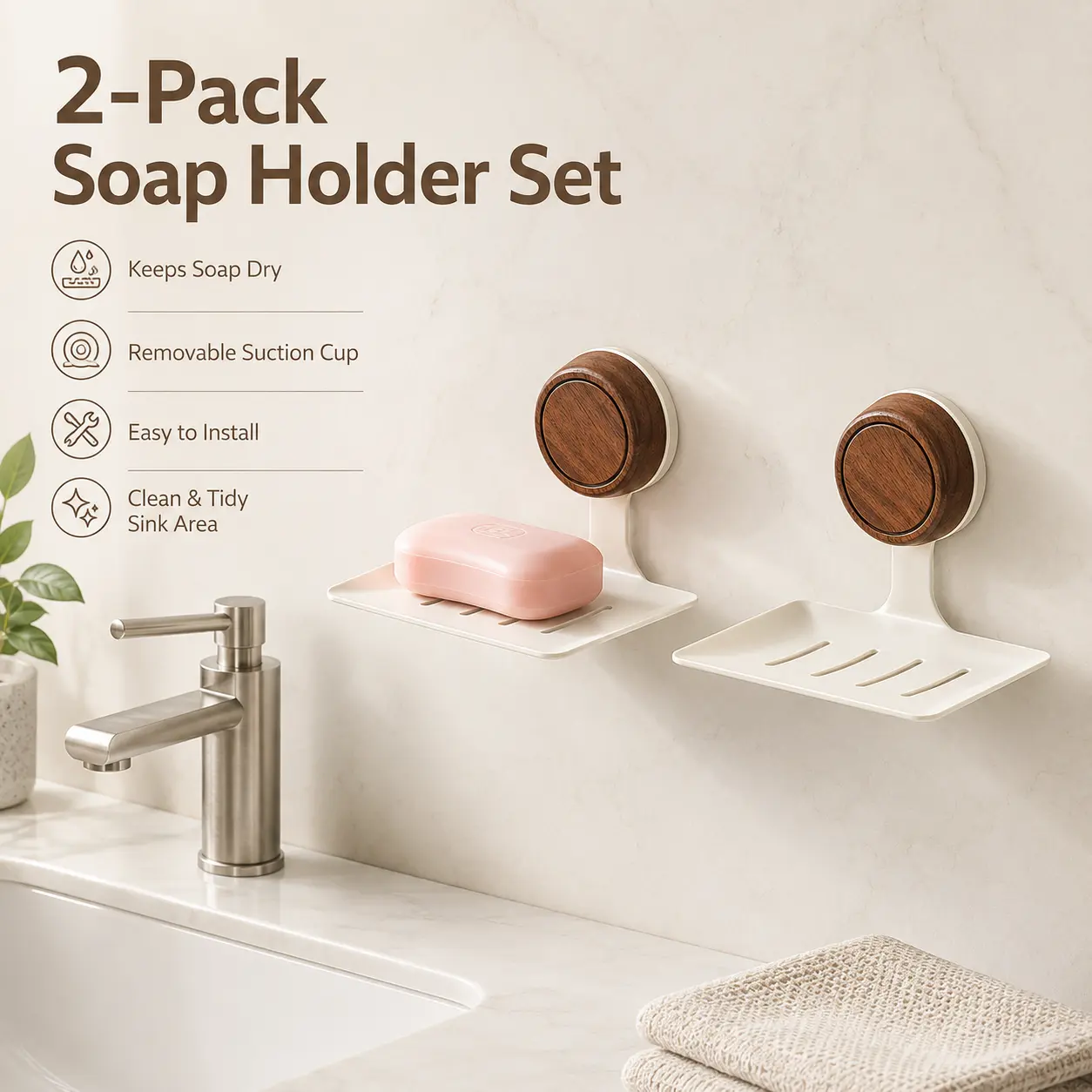 2-Pack White Suction Cup Soap Holder, No-Drill Wall Mounted Soap Dish That Keeps Soap Dry & Sink Cute, Removable Drain Tray for Bathroom, Shower, Kitchen Sink, Renters and Small Spaces