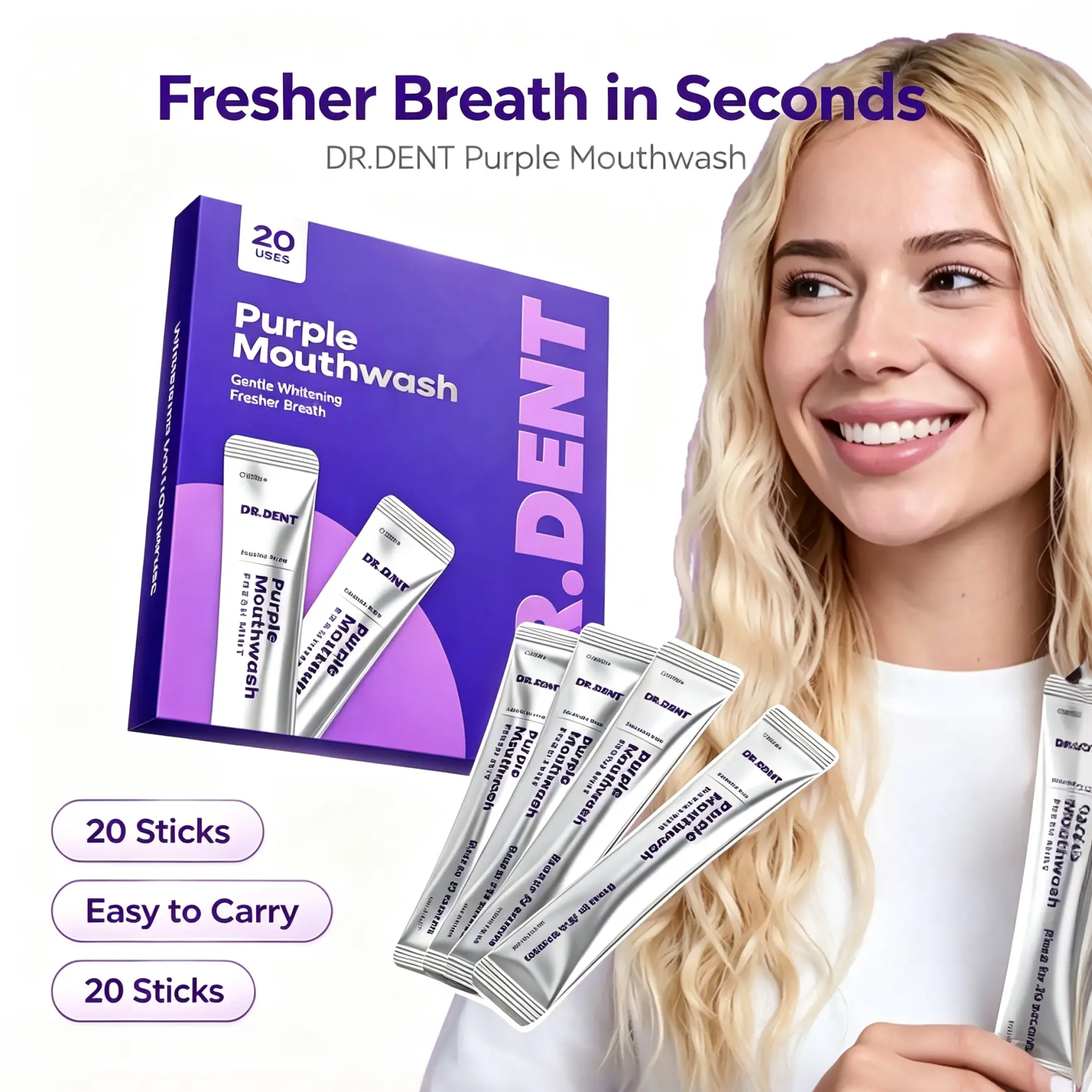 DR.DENT Purple Mouthwash Sachets, Color Correcting Whitening Mouthwash, Alcohol-Free Fresh Mint, Portable Single Use Oral Rinse for Bright Smile & Fresh Breath, 20 Counts