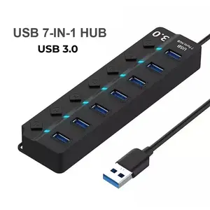 3.0 Version 7 Ports USB Hub with 1.2 Meter Extended Cable, LED Light Power Switch Splitter with Individual Power Controllers, High Speed Data Process Hub, Universal Compatible Design with Standard USB Ports