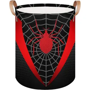 Black Web Large Laundry Hamper Basket, Round Collapsible Organizer Bin for Kids, Boys, Nursery, Closet, Bedroom, Playroom, Toys, Dirty Clothes, 16" W x 20" H