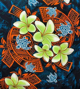 Plumeria Turtles Traditional Tribal design Peachskin Fabric | Islands Fabric