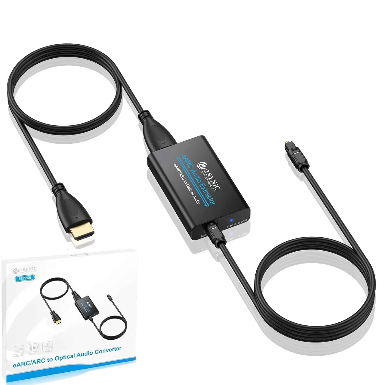 eSynic Professional eARC Audio Extractor - Compatible with HDTV ARC/eARC Ports, 192KHZ ARC to Optical Adapter, 7ft Long, Dolby 5.1 & DTS 5.1 Support, Easy Setup, Connects HDTV to Optical Soundbar, No CEC