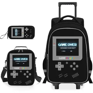 Kids Rolling Backpack for Boys - 3PCS Gamer Boys Rolling Backpack with Lunch Bag Set, Elementary Middle School Roller Bookbag with Adjustable Handle for Travel & School