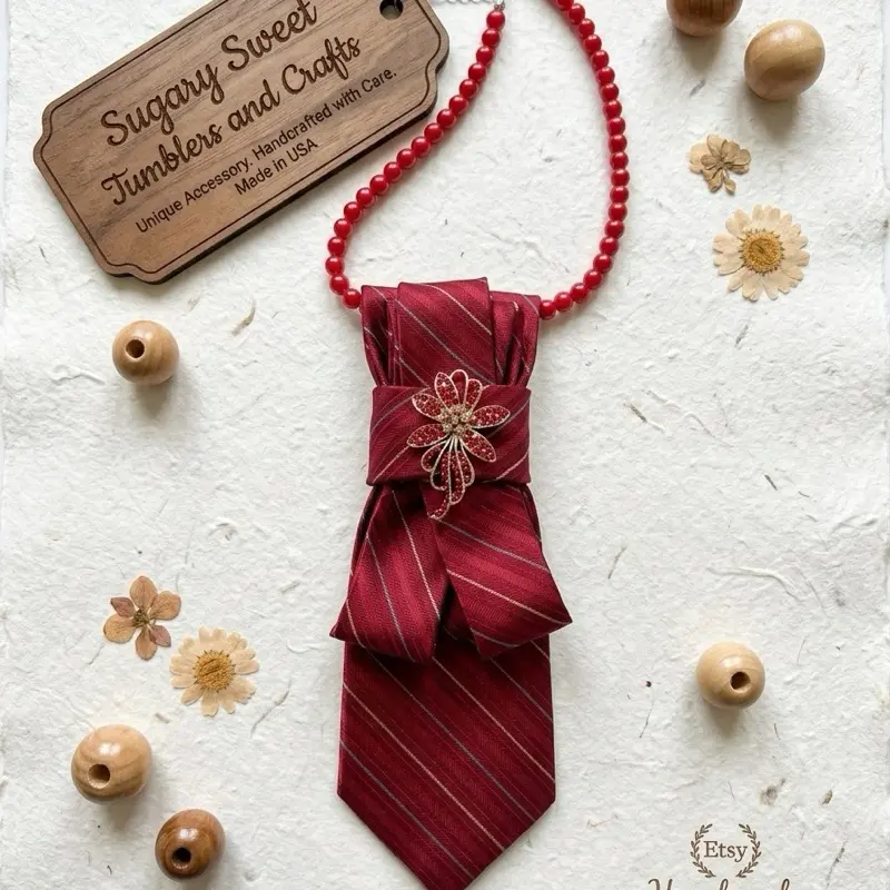 Elegant Burgundy Tie Necklace with Pearl Accents