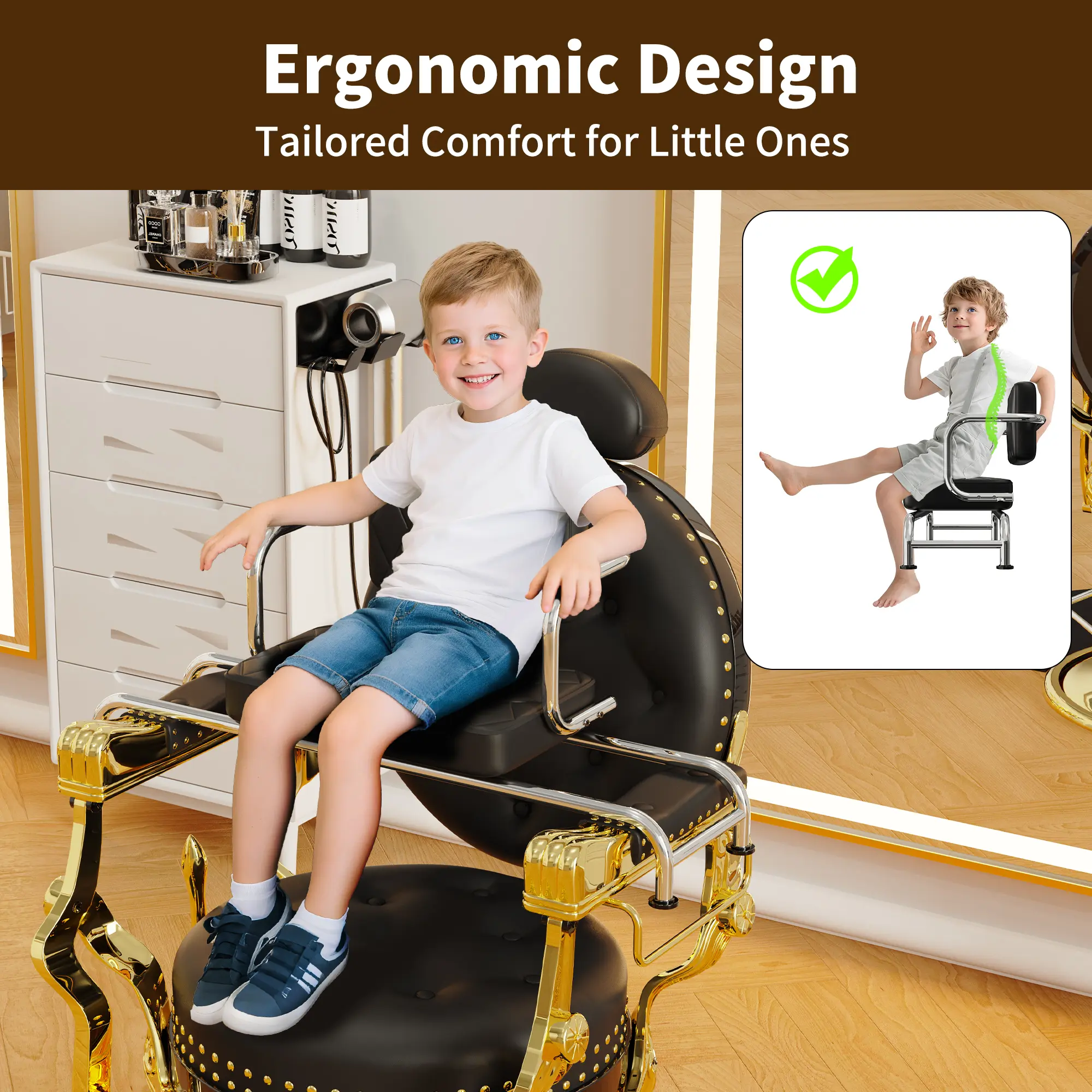 Kids Booster Seat for Barber Chair – Child Haircut Cushion with Armrests, Ergonomic Design, Memory Foam & PU Leather, Fits Most Salon Chairs, Supports Up to 200 lbs Universal Compatibility Solid Wood Steel Structure Ergonomic Shape Flat Armrest