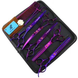 7.0 Inch Pet Grooming Scissors Straight Teeth Scissors Fish Bone Scissors Curved Scissors Dog Pet Grooming Scissors Set Color Purple