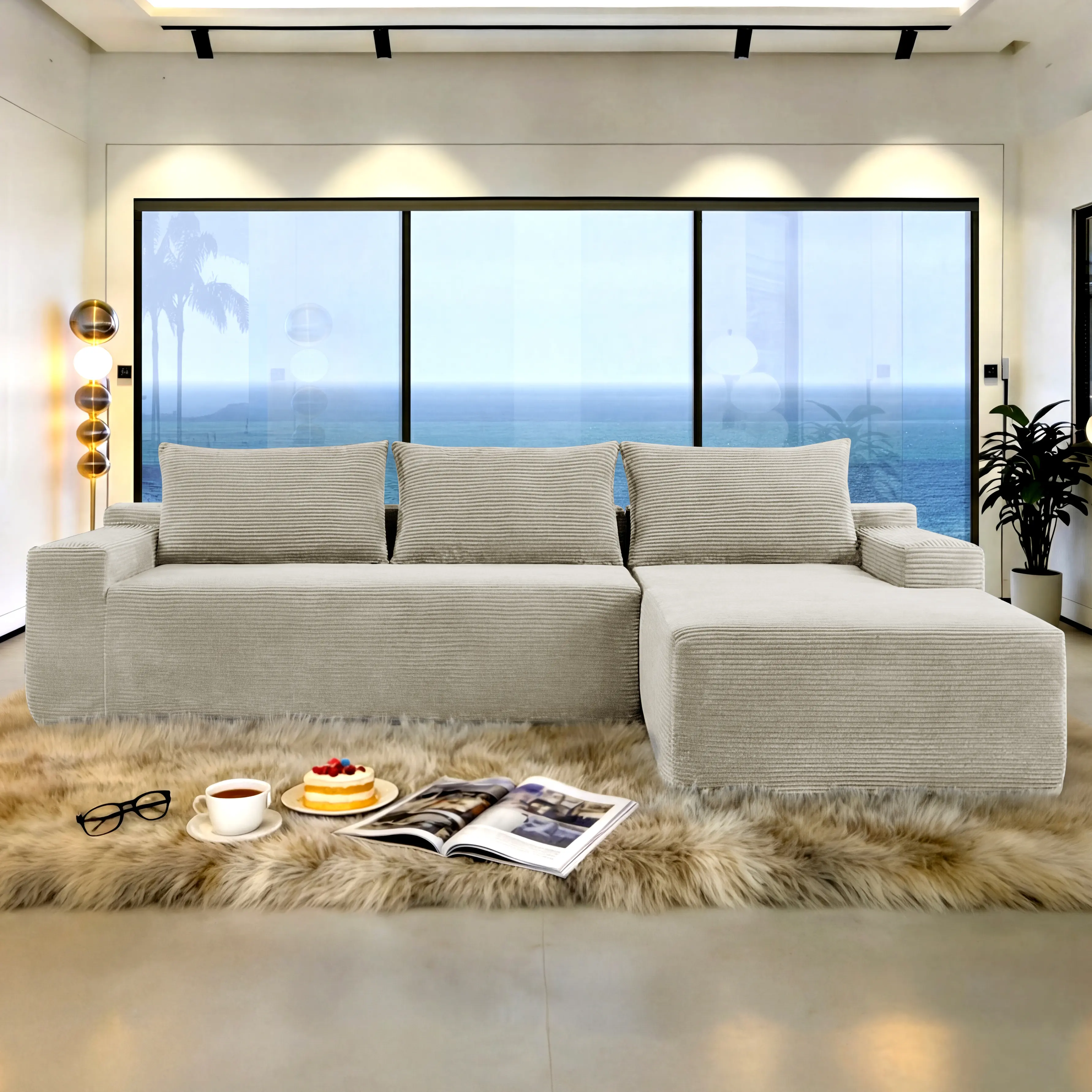 96.9" L-Shaped Cloud Sectional Sofa with Reversible Chaise, 3-Seater Corduroy Modular Couch, Vacuum Compressed No Assembly Required Deep Seat Sofa in Black/Camel for Living Room Bedroom Apartment