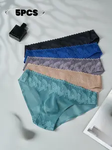 Men's Lace Triangle Underwear Set, High Stretch Low Waist Sexy Briefs, Fashionable Breathable Men's Inner Wear, 5 Pieces Pack, Stretchy Underwear