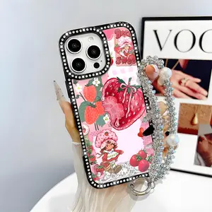 Strawberry Shortcake Pattern Bling Glitter Phone Case with Sparkle Rhinestone Diamond,Airbag Anti-Fall Crystal Cover for iPhone 16 15 14 13 12 Pro Max