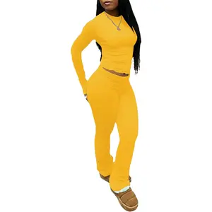 2 Piece Lounge Sets Crop High Waist Foldover Flare Leggings Pants Casual Workout Outfits Tracksuit