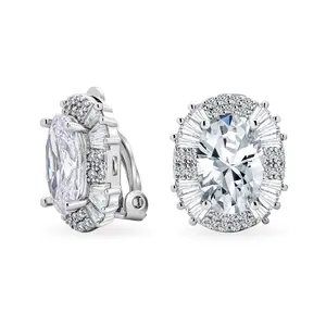 Art Deco Clip-On Earrings Large CZ Baguette Halo Non-Pierced