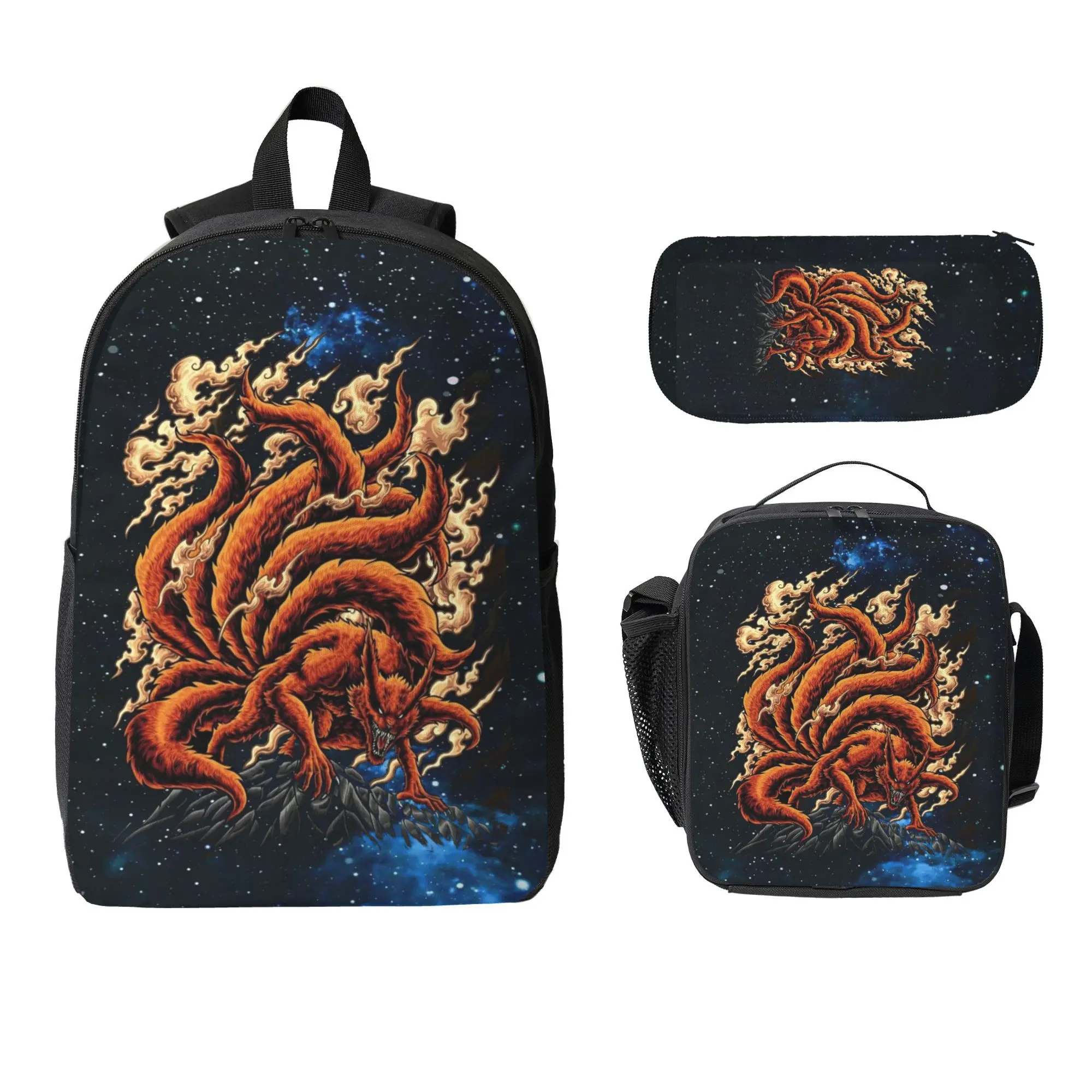 3PCS Kids Fantasy Fire Fox Backpack Set, 17 Inch School Bookbag with Lunch Bag & Pencil Case, Mythical Fox Printed Backpack for Boys Girls Teens, Animal, Polyester