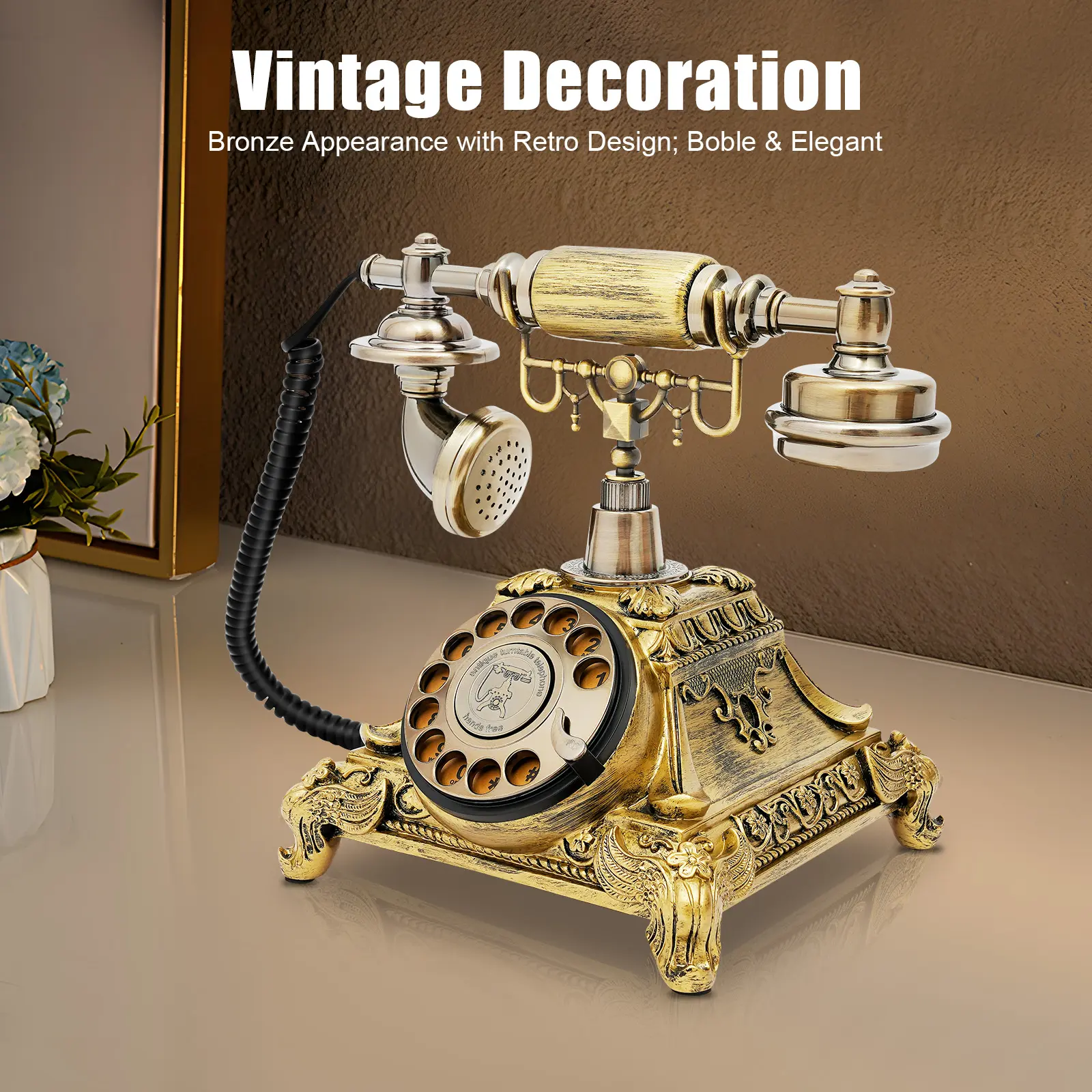 Vintage 3D Corded Rotary Phone - Single Unit Freestanding Retro Dial Telephone with 2025 Viral Bronze Resin&Zinc Alloy Build, HD Noise-Canceling Calls, Household Items for Home Café Decor, Ideal Housewarming Gift