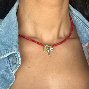 Italian Gold Horn Choker, 14k Gold Plated Cornicello Good Luck Pendant, Red amulet necklace, Italian chub necklace, Amulet Protection for Women and Girls