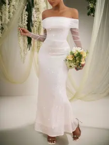 Elegant Long Sequin Trim Mermaid Dress with Tulle Sleeves, Off-Shoulder Formal Style for Weddings and Evening Events, Stylish and Sophisticated
