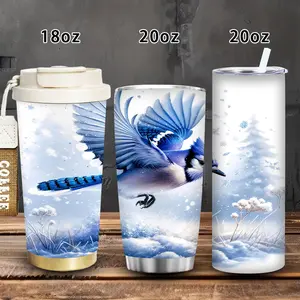 1pc 18oz/20oz Blue Jay in Winter Wonderland Tumbler with lid and straw, winter insulated travel mug, gift for women and men, ideal for Valentine’s Day, Easter, birthday gifts, iced/hot coffee cup