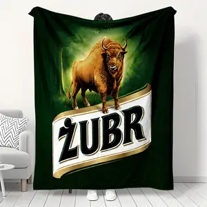Dark green forest background European bison ŽUBR beer label themed flat digital print ultra-soft flannel throw blanket, warm thickened anti-pilling sofa bedroom retro label style decorative blanket