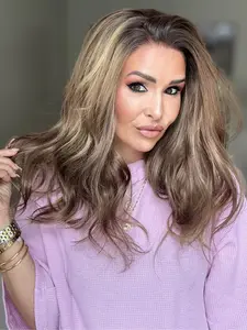 MACA BAKA Mabel Bronde Ashy Brown Ombre Highlight Lace Front Wig with Scandinavian Hairline Low Density 16 Inches Short Wavy Brown Blonde HD Synthetic Lace Front Wigs for Women Pre Plucked