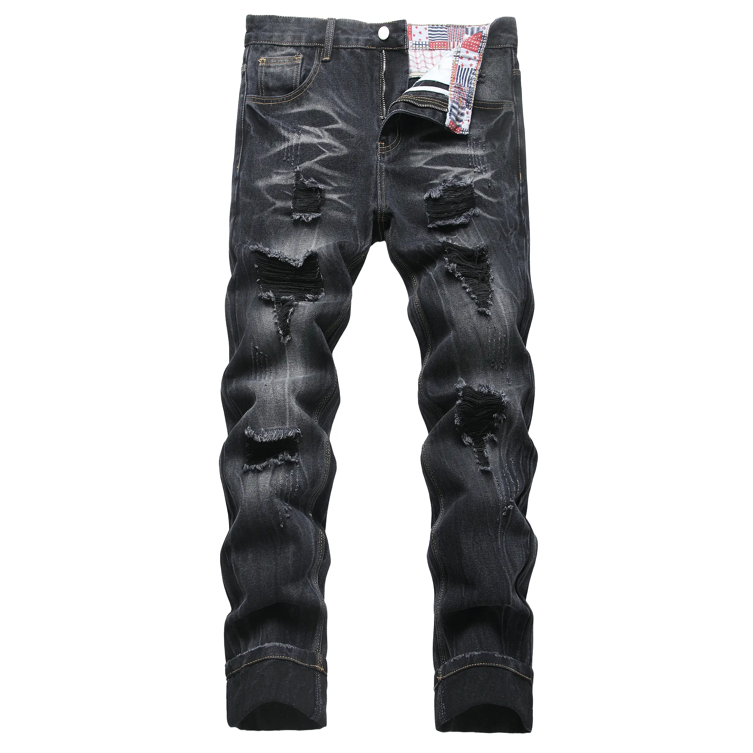 QIMYUN Men's Ripped Jeans – Slim Fit Straight Leg Distressed Denim Pants, Streetwear Style, Premium Five-Pocket Design, Everyday Casual, Work & Travel