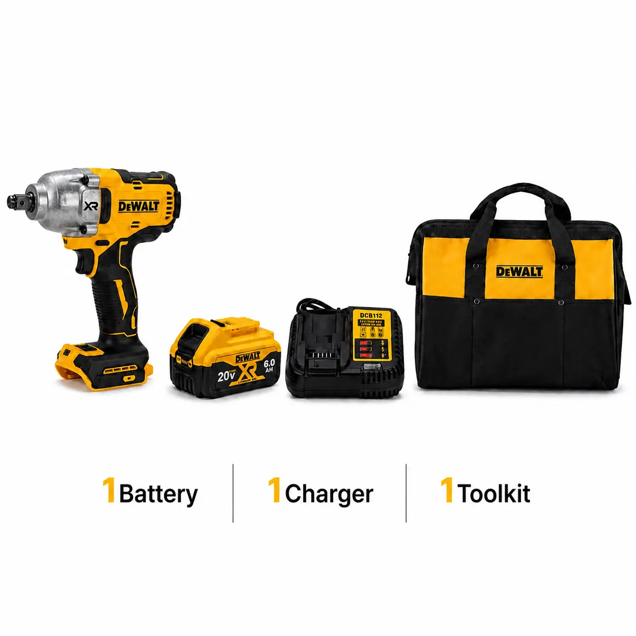1 battery, 1 charger, 1 tool kit