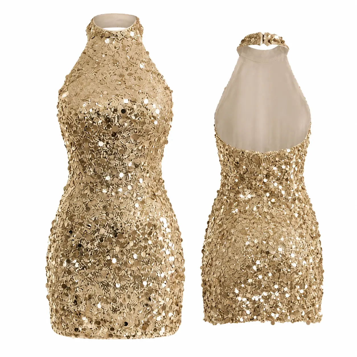 Women’s Gold Sequin Halter Mini Dress, Open Back Sleeveless Bodycon Party Cocktail Club Dress