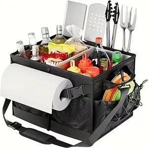 Grill Caddy with Paper Towel Holder, Collapsible Picnic Basket, Utensil Caddy with Condiment Pocket, Outdoor Camping Gear