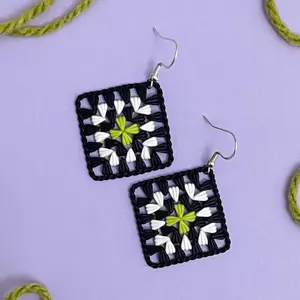 Granny Square Polymer Clay Earrings - Hand-Made Black and Green, Sterling Silver Hooks, 36x36 mm, Drop Length 48 mm, Daily, Unisex, Boho Style
