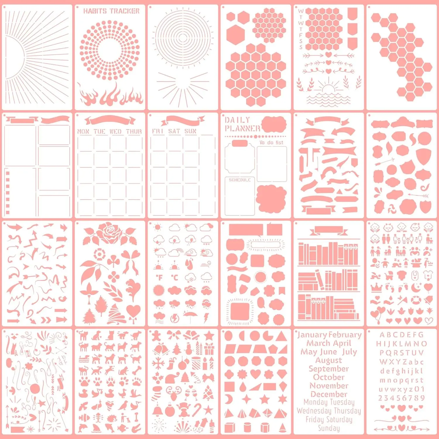 24-Piece A5 Planner Journal Stencils Set - Clean Lines, Flexible Washable Plastic, Office Stationery for Layout Creation, DIY Notebook/Diary/Calendar Design Supplies