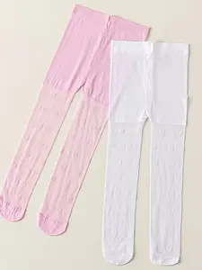 Girls' Heart Print Pantyhose Set of Two, Elastic Comfortable Design, Perfect for School & Casual Wear, Spring Summer Thin Style