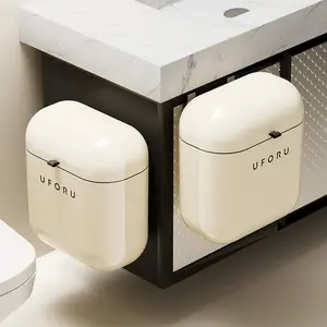 UFORU Cream White Wall-Mounted Trash Can -Large Capacity Lidded Garbage Bin, Stylish Waterproof Dustproof Waste Container for Kitchen/Bathroom Narrow Spaces, Household Waste Bin