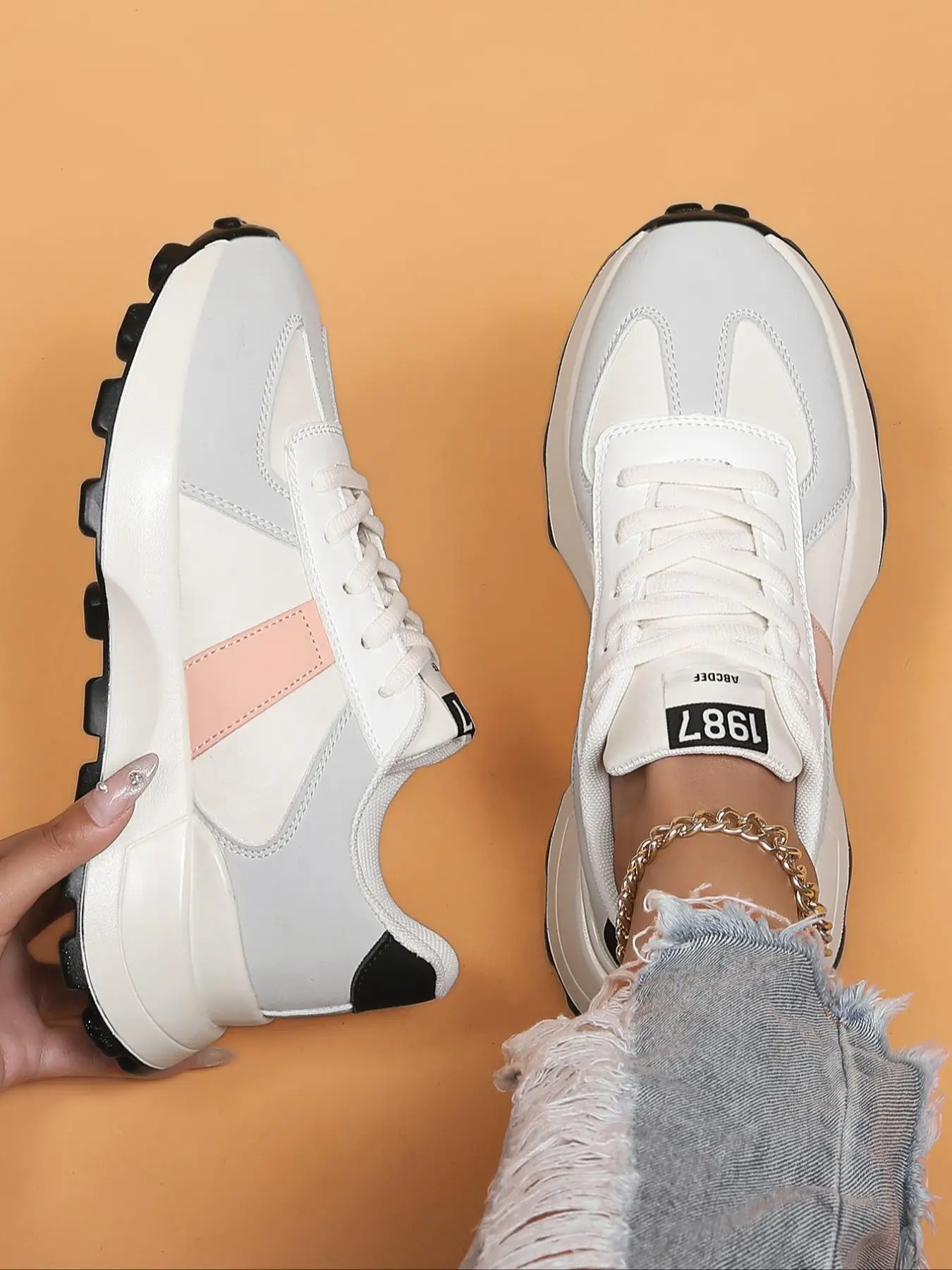 Women's Patchwork Lace Up Low Top Sneakers, 2024 New Style Fall Shoes, Women's Sneakers, Casual Comfort Sports Running Shoes, Athletic Gifrls Footwear