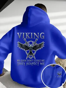 Men's Viking Raven Print Hoodie with Drawstring and Kangaroo Pocket, Comfortable Casual Fashion Pullover, Geometric Pattern, Fall & Winter
