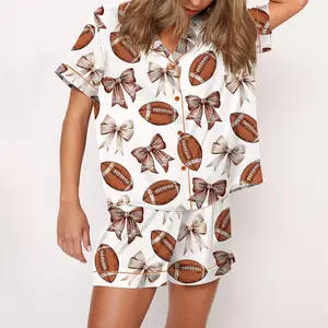 Coquette Football Satin Pajama Set For Women Print Comfy Satin Sleepwear & Loungewear Pjs Printing Silky Top & Bottoms - SHESHOW
