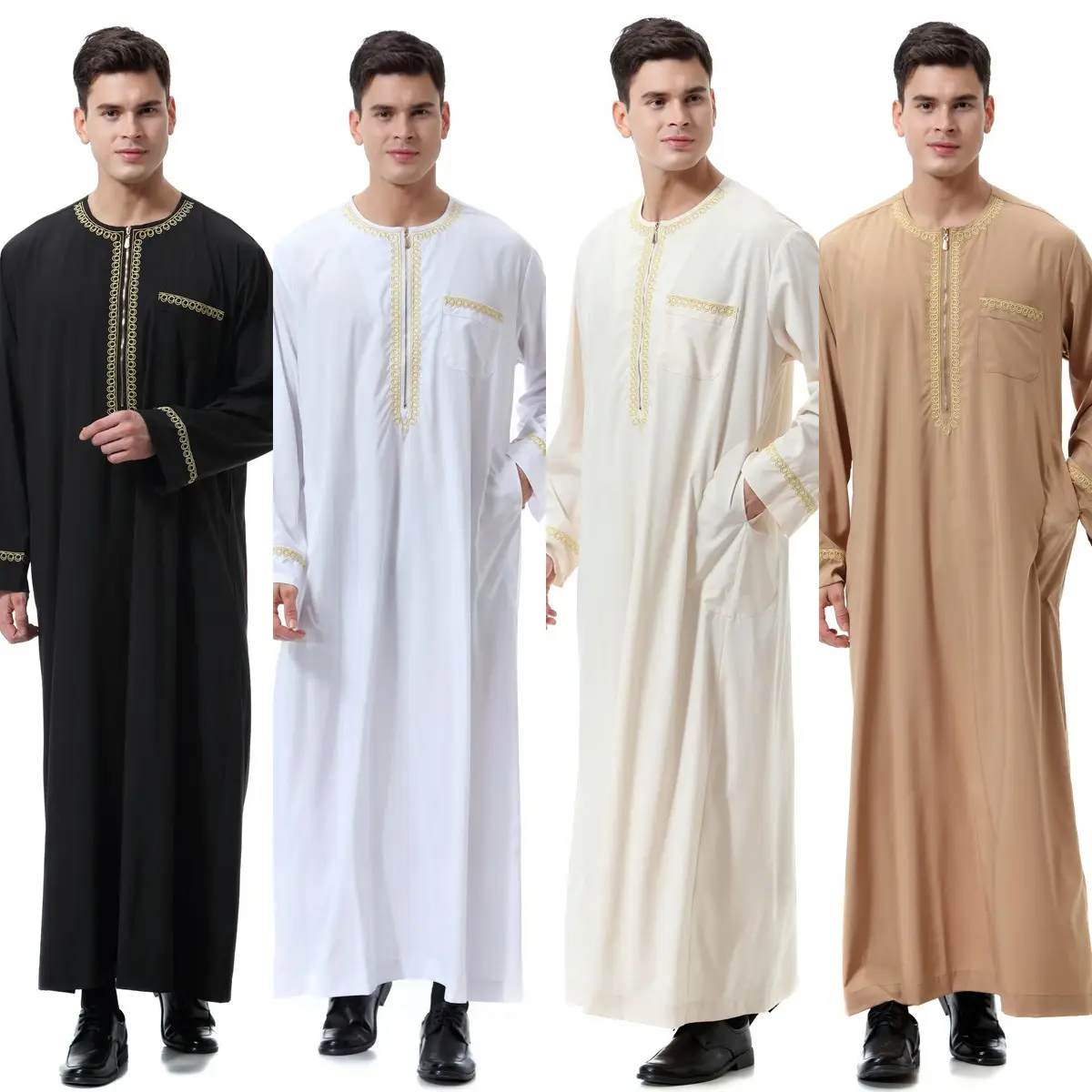 Embroidered Zip-Front Round-Neck Robe – Solid-Color Ethnic Pull-On Long Shirt modest wear arab robe men s modest clothing traditional arabic thobe