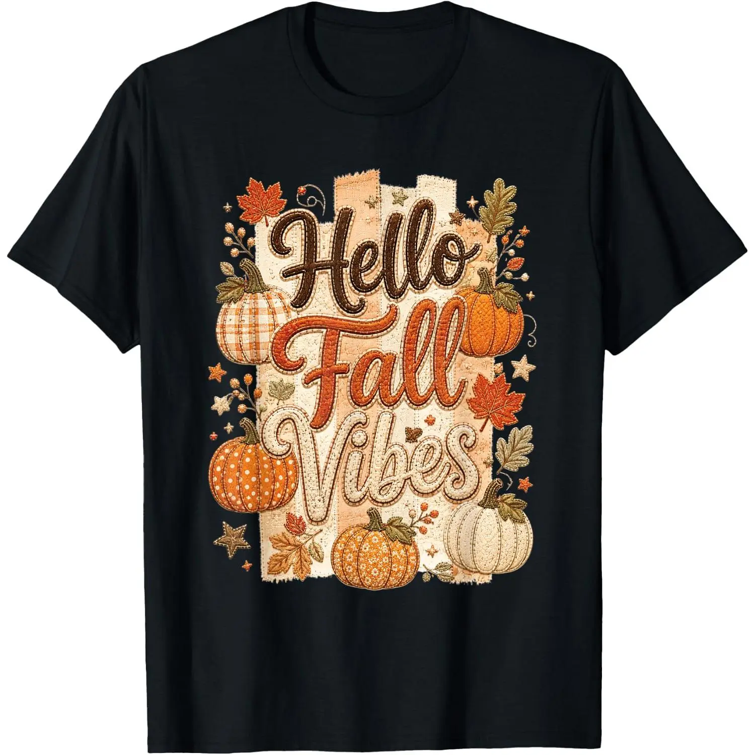 100%cotton Hello Fall Vibes Pumpkins Leaves Cozy Autumn Patchwork Style T-Shirt