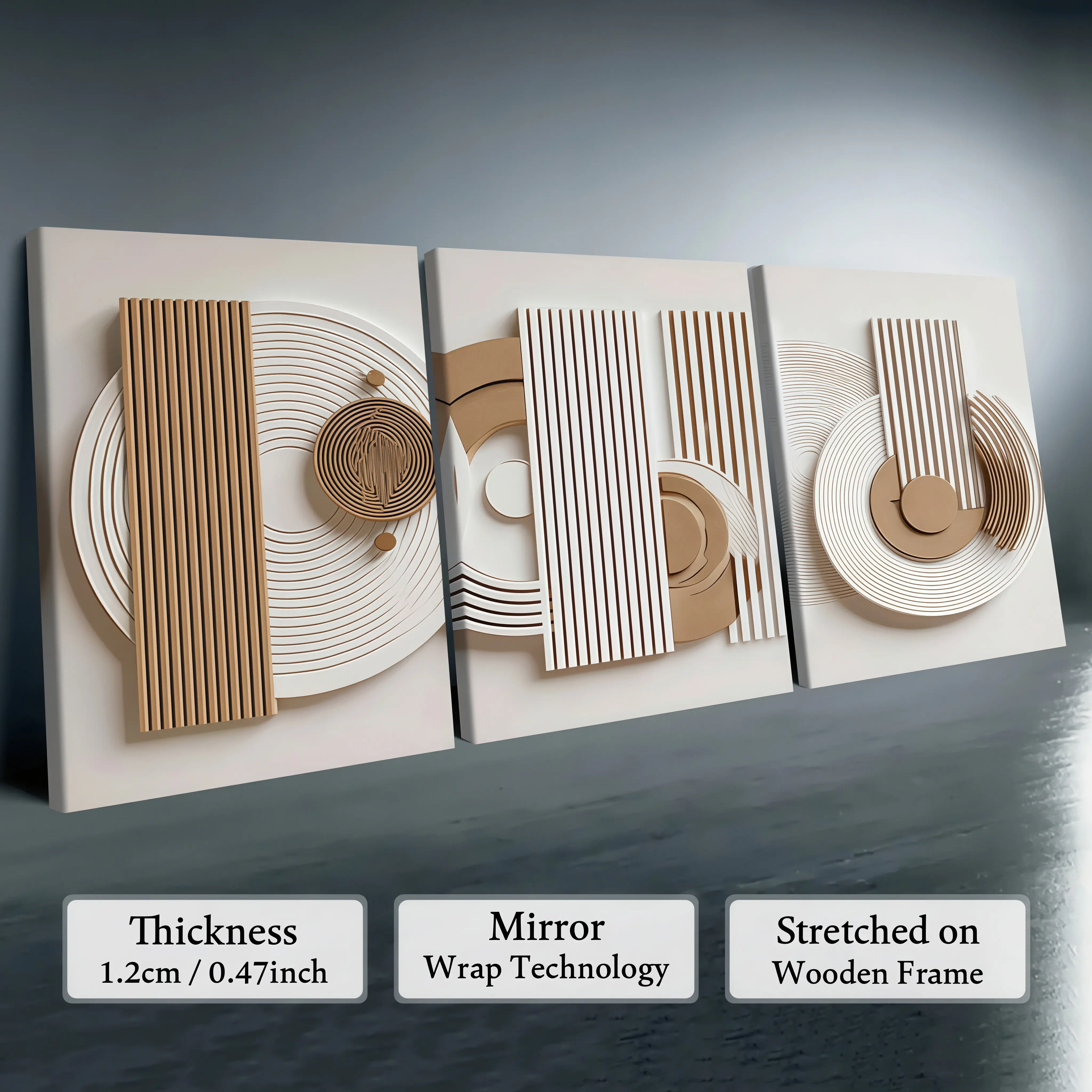3PCS Modern Wooden-Framed Canvas Wall Art (3 Panel Wall Arts), Wabi-Sabi Geometric Trio Poster, Waterproof HD-Printed Abstract Home Decor, Housewarming Gift for Living Room, Bedroom, Abstract Wall Arts