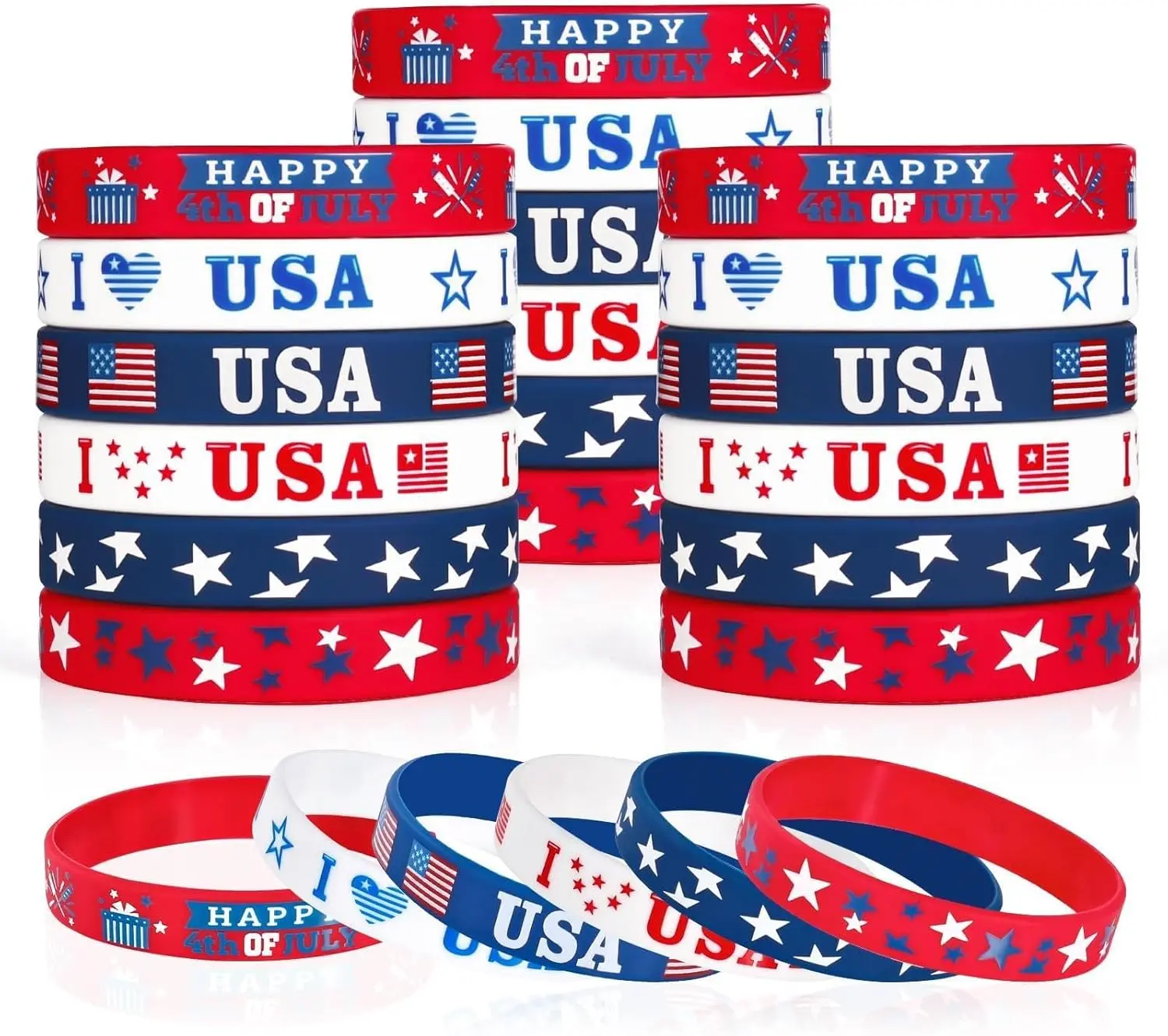 30PCS 4th of July Patriotic Silicone Rubber Bracelets, USA American Flag Red White and Blue Wristbands, Fashion Costume Jewelry for Kids, Party Favors Classroom Prizes Gifts Accessories
