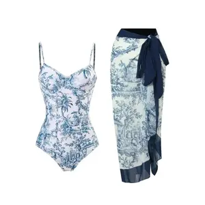 Women's 2-Piece Spaghetti Strap Plants Print Cami Bodysuit & Contrast Mesh Skirt Outfit Set - Summer Elegant Backless High Waist Knot Detail Swimwear, Valentine's Day Gift, Outfit Sets For Women