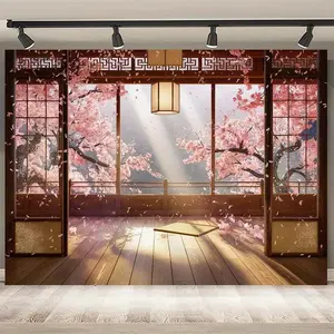 1pc 2D Flat Japanese Cherry Blossom Window Scene Backdrop - Traditional Japanese Room Decor Cherry Blossom Trees Sunlit Window Electricity Needed Durable Polyester Fabric Weddings Birthdays Home Wall A Banners Ornaments White