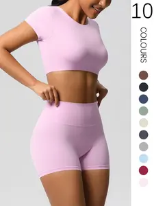 Women's Solid Crop Top & High Waist Shorts Tracksuit Set, Breathable Sweat-absorbing Yoga Gym Workout Outfits, Ladies Sportswear for Indoor Outdoor Wear, Clothes for Women, Sportswear for Running, Stretch Fabric Activewear, Sports Activewear Set