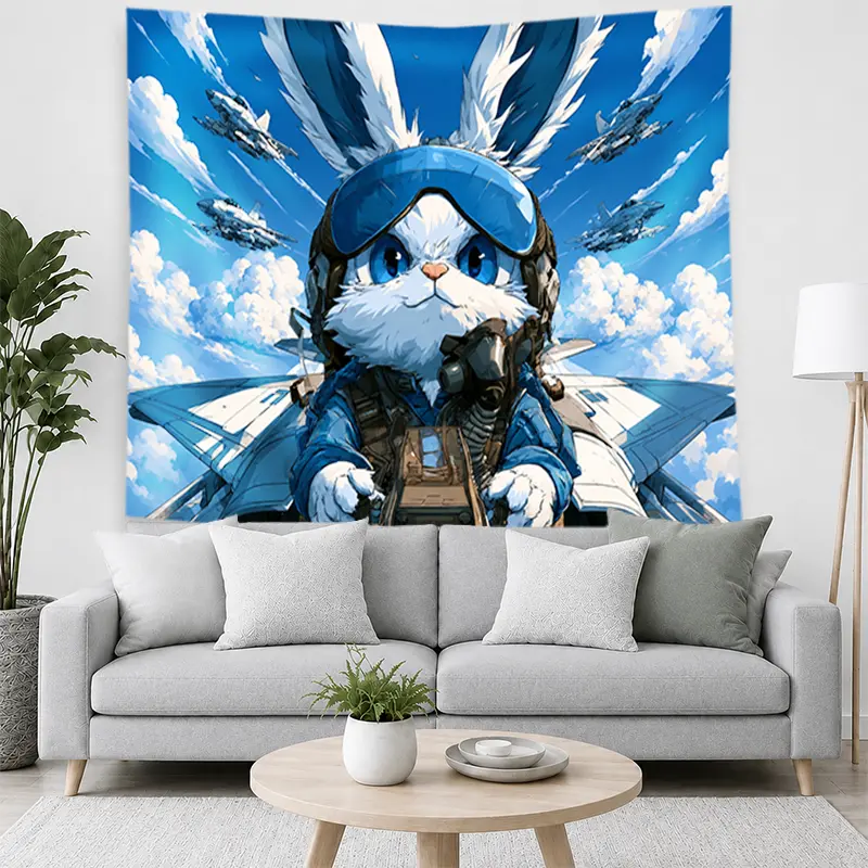 Cute Rabbit Fighter Pilot Tapestry - Blue and White Aviation Cartoon Jet Squadron Fabric Wall Hanging for Bedroom, Living Room, Home Decor Gift
