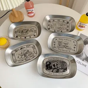 Retro Tray American Tinplate Household Stainless Steel Plate, Snack Fruit Plate, Food Coffee Table Storage, Picnic Plate