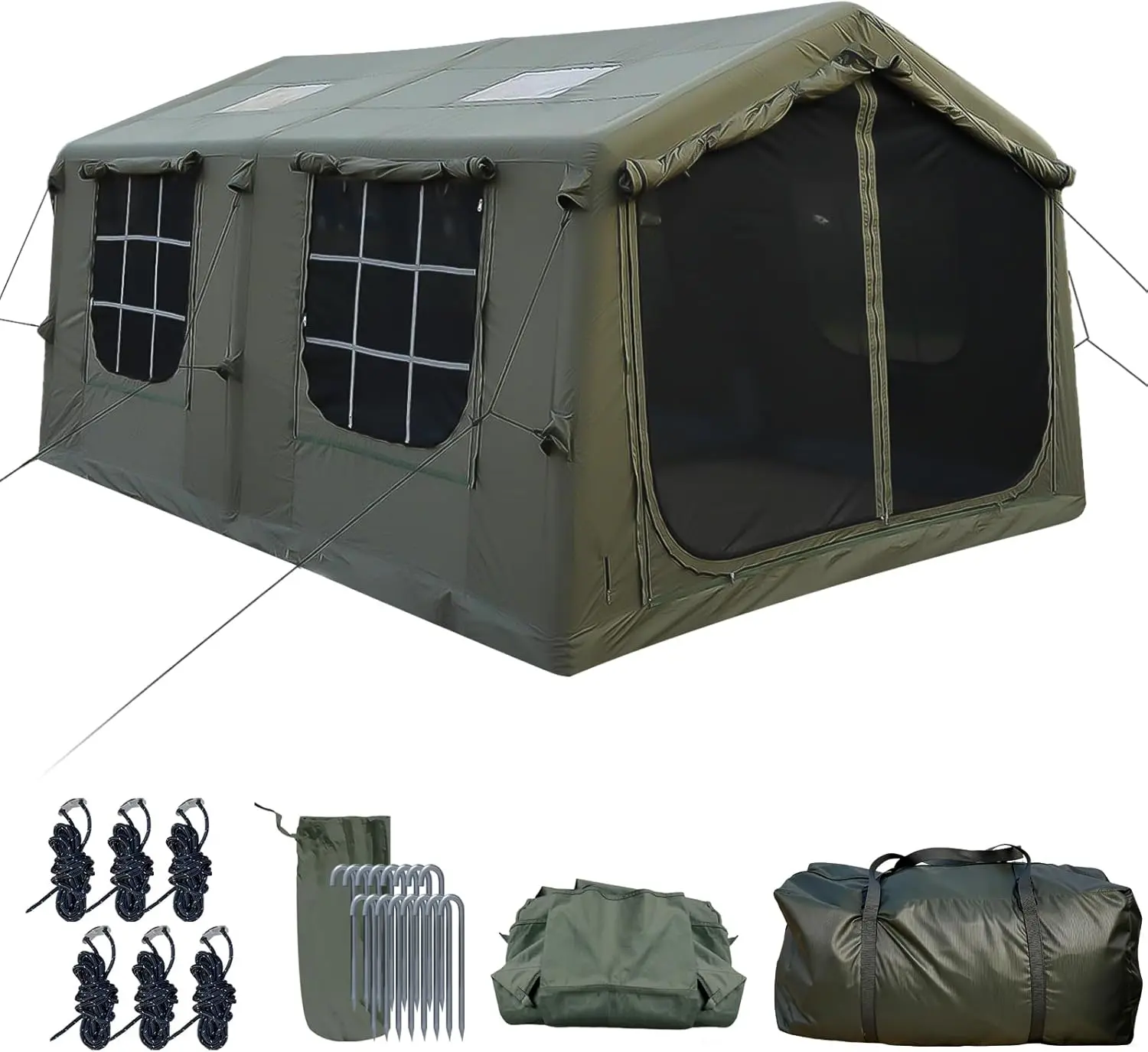 Luxury Large Inflatable Tent with Stove Jack & AC Port, 4-12 Person 4 Season Glamping Canvas House, Tech Cotton Hot Blow Up Tent with Clear Skylight, Waterproof Air Tents for Family Camping