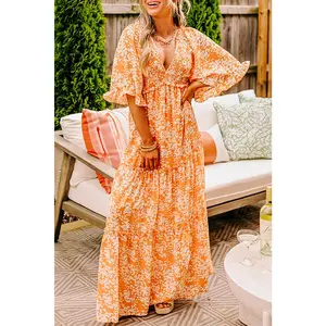 Orange Floral Print Smocked V Neck Wide Sleeve Maxi Dress