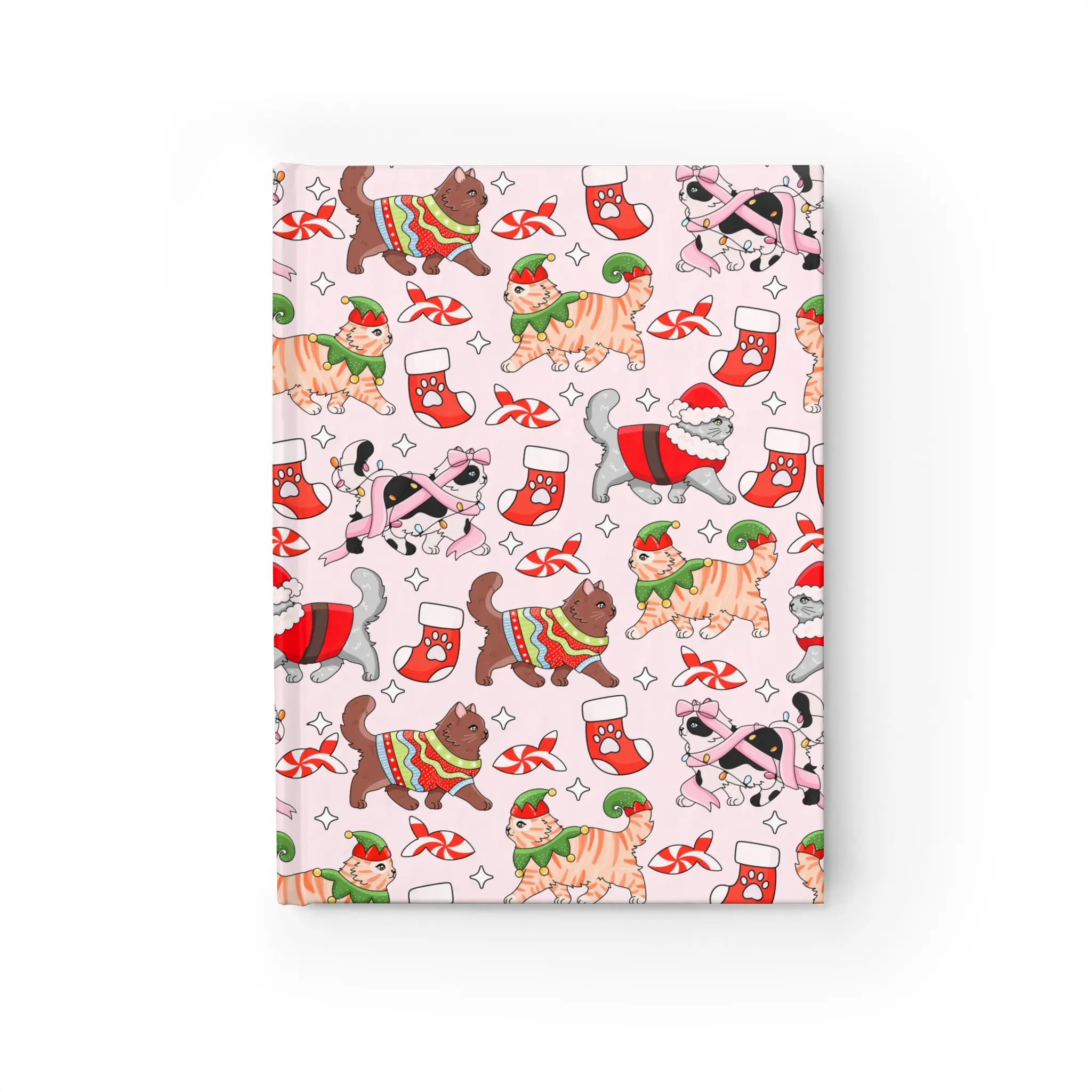 Cute Festive Christmas Cats Journal, Pink Notebook with Kitty Cover, Holiday Cat Lover Gift, Blank Diary Sketchbook, Jotter for Cat Mom, Daily Planner